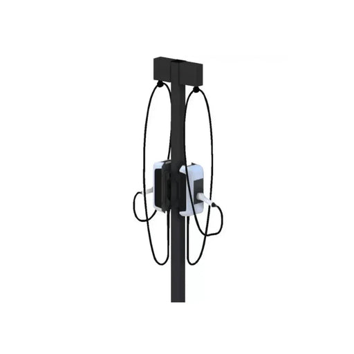 EV charger pedestal with dual cable management kit, black post, white chargers, isolated view