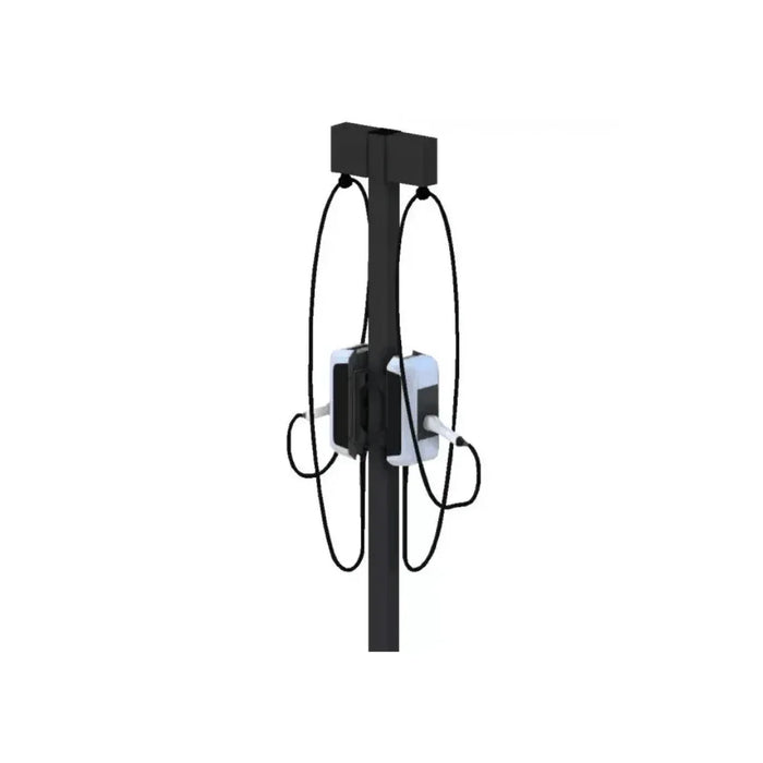 EV charger pedestal with dual cable management kit, black post, white chargers, isolated view