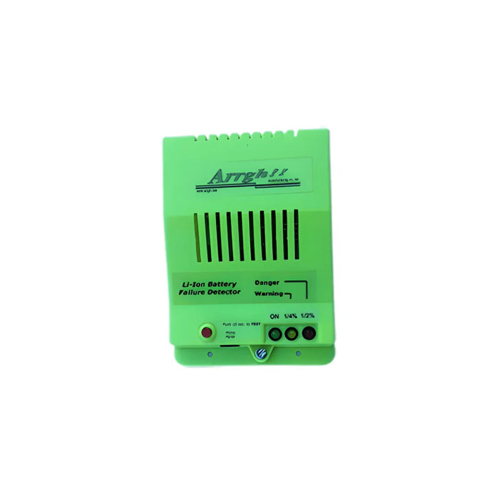 Green Li-ion battery failure detector with indicator lights and labeled controls