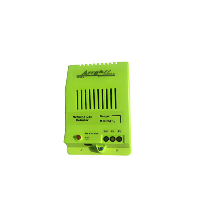 Green wall-mounted methane gas detector with indicator lights and warning labels