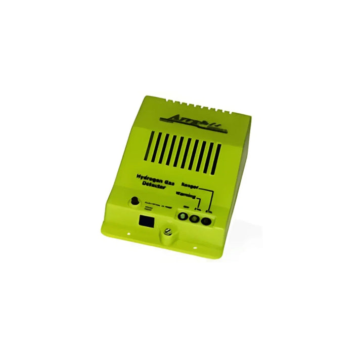 Yellow hydrogen gas detector device with vents and indicator buttons on white background