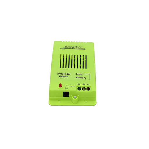 Bright yellow propane gas detector with indicator lights and vented cover, isolated on white