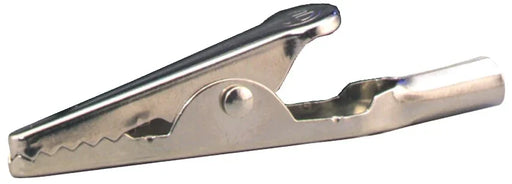 Non-insulated metal alligator clip with serrated jaws for electrical connections