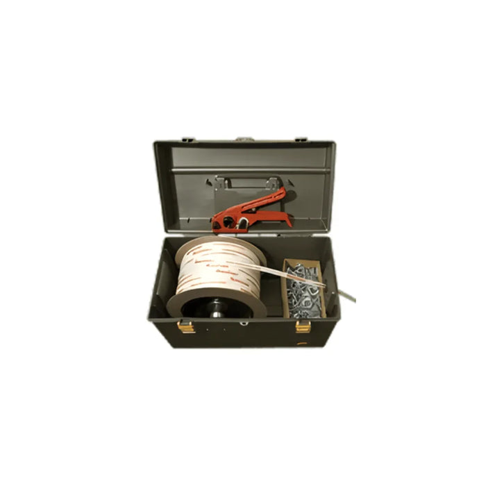 Pallet strapping kit with tensioner tool, strapping roll, and metal seals in a metal case