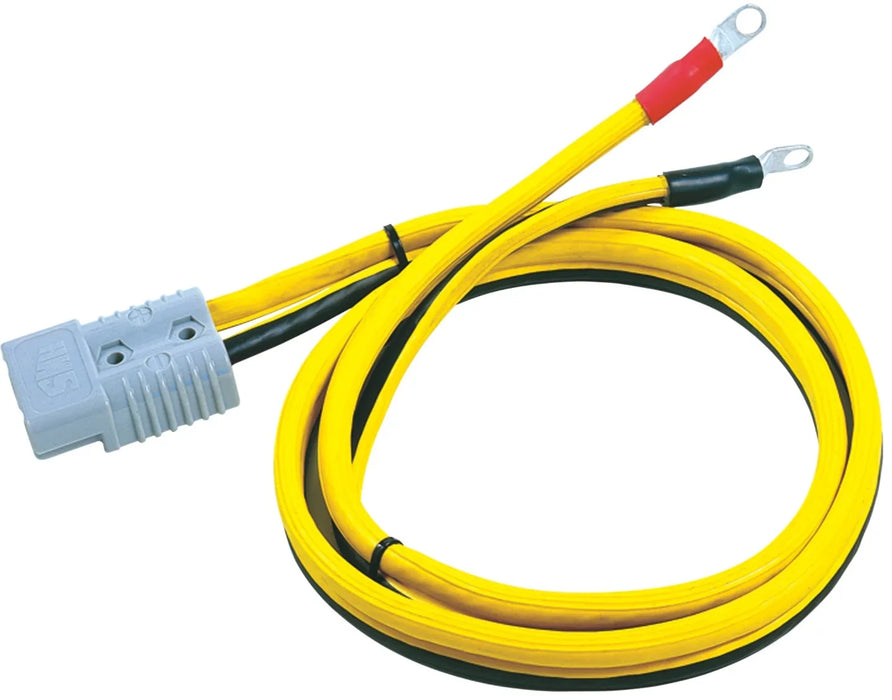 Yellow plug-to-lug booster cable with gray connector and metal ring terminals