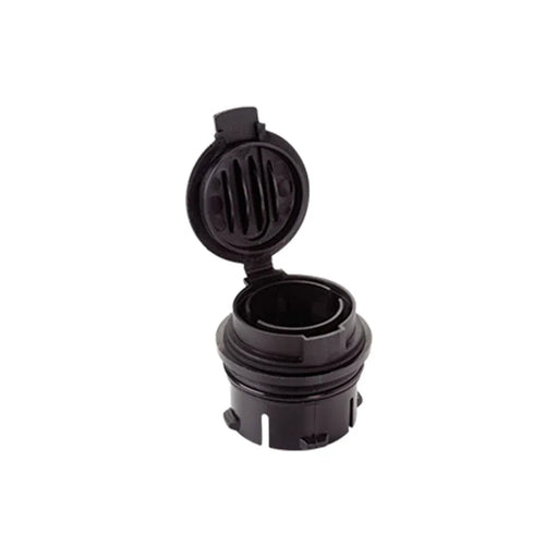 Black push-in vent cap for battery or power equipment, open lid design, isolated on white