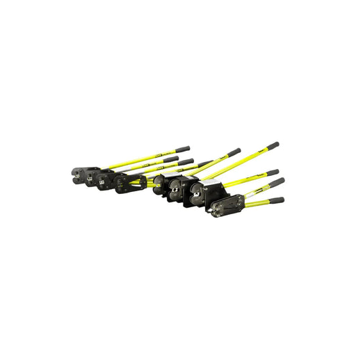 Set of hex crimping tools with yellow handles for power facility cable connections