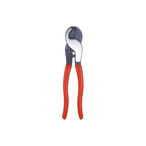 Cable cutter tool with red handles and curved blades on white background