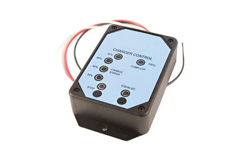 Industrial charger controller with status indicator lights and wiring, used for power management