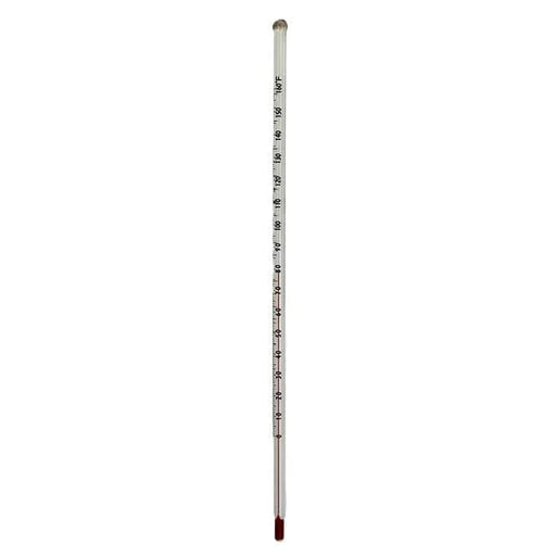 Glass laboratory thermometer measuring 0 to 160 degrees Fahrenheit, clear stem with red tip
